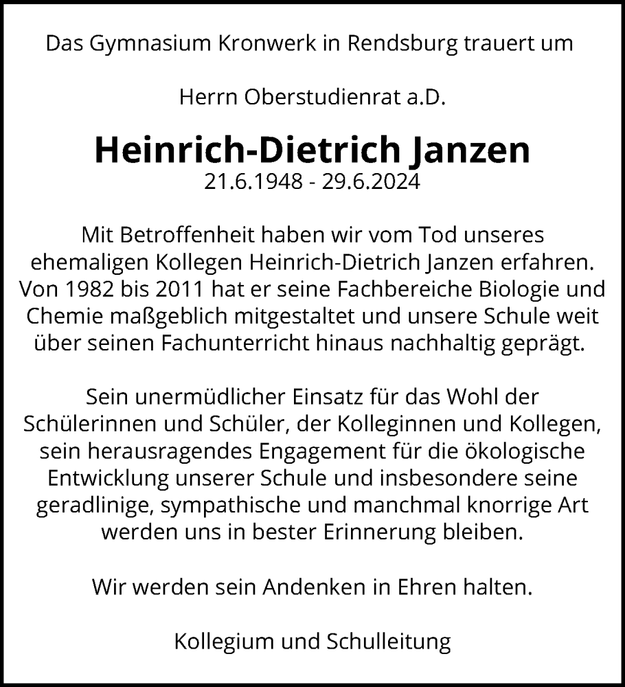  Traueranzeige für Heinrich-Dietrich Janzen vom 06.07.2024 aus Schleswig-Holsteinische Landeszeitung