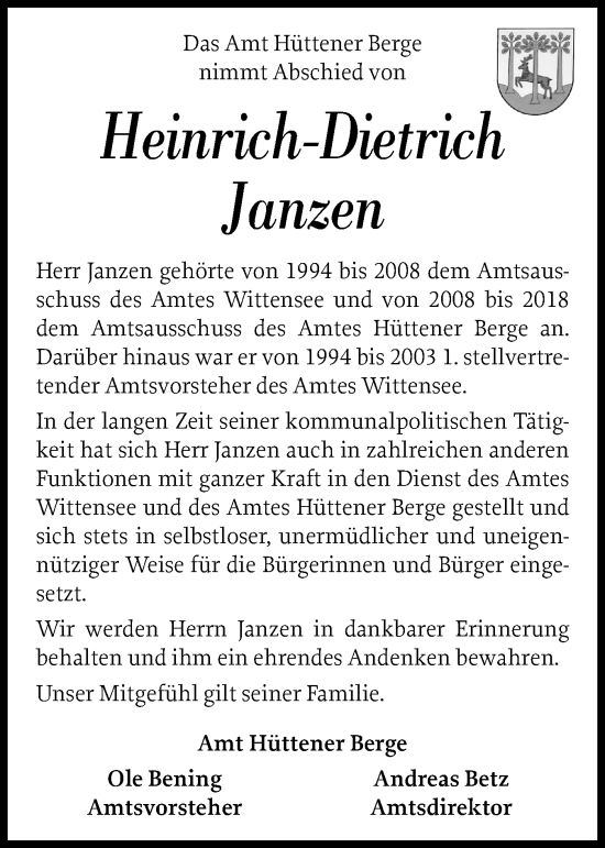 Traueranzeige von Heinrich-Dietrich Janzen von Schleswig-Holsteinische Landeszeitung