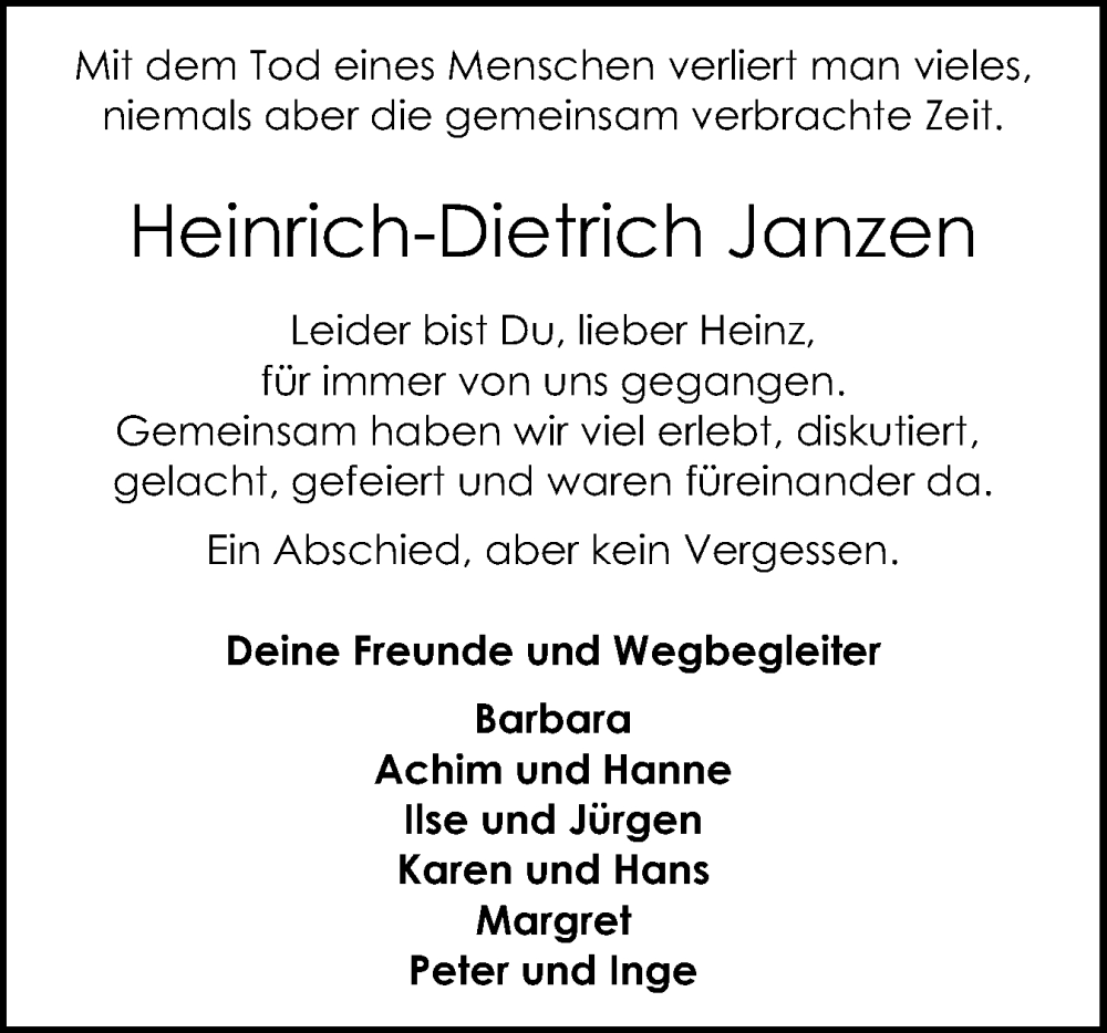  Traueranzeige für Heinrich-Dietrich Janzen vom 06.07.2024 aus Schleswig-Holsteinische Landeszeitung