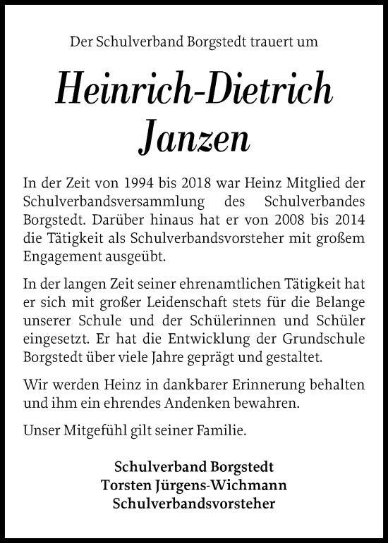 Traueranzeige von Heinrich-Dietrich Janzen von Schleswig-Holsteinische Landeszeitung