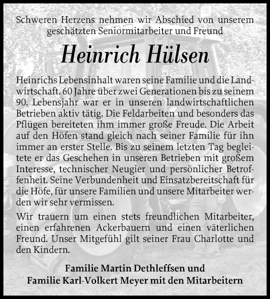 Traueranzeige von Heinrich Hülsen von Husumer Nachrichten, Nordfriesland Tageblatt