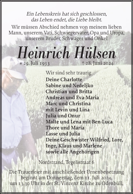 Traueranzeige von Heinrich Hülsen von Husumer Nachrichten, Nordfriesland Tageblatt
