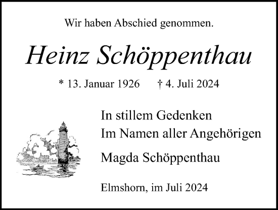 Traueranzeige von Heinz Schöppenthau von Elmshorner Nachrichten, Barmstedter Zeitung