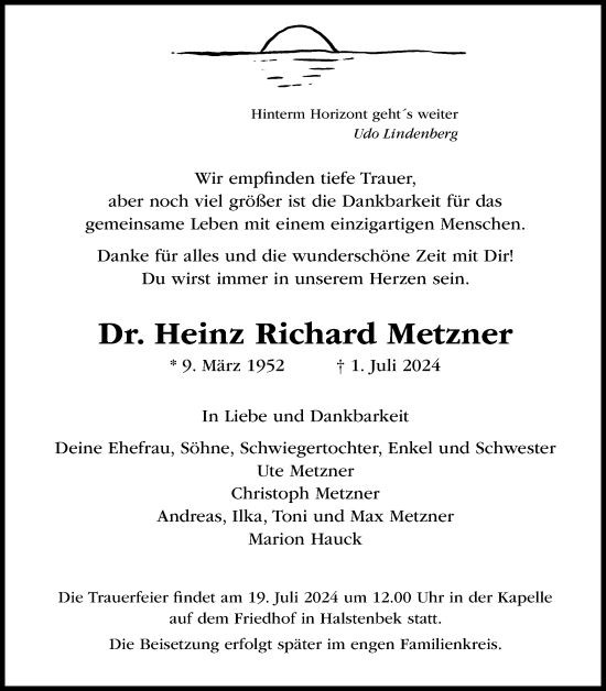 Traueranzeige von Heinz Richard Metzner von Region Pinneberg und tip Pinneberg