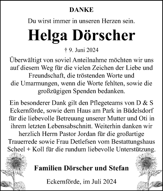 Traueranzeige von Helga Dörscher von Eckernförder Zeitung, Hallo Eckernförde