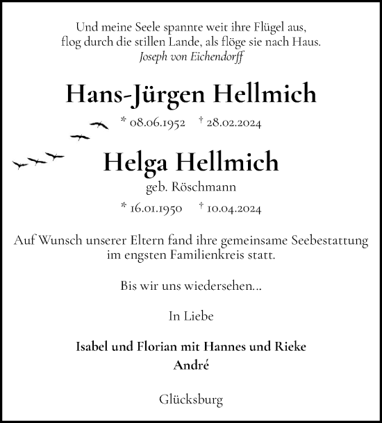 Traueranzeige von Helga Hellmich von Flensburger Tageblatt