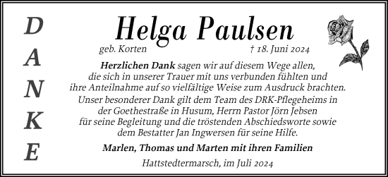 Traueranzeige von Helga Paulsen von Husumer Nachrichten, Nordfriesland Tageblatt