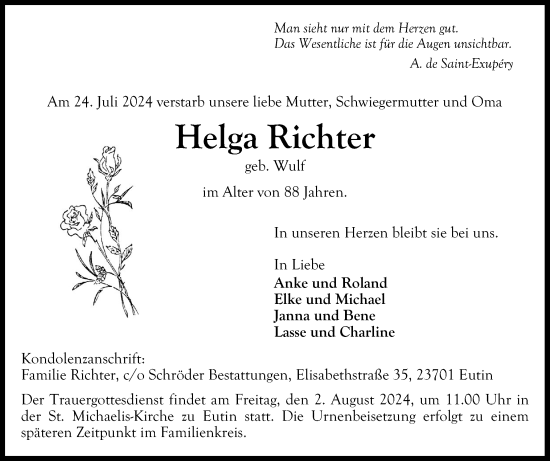 Traueranzeige von Helga Richter von Ostholsteiner Anzeiger