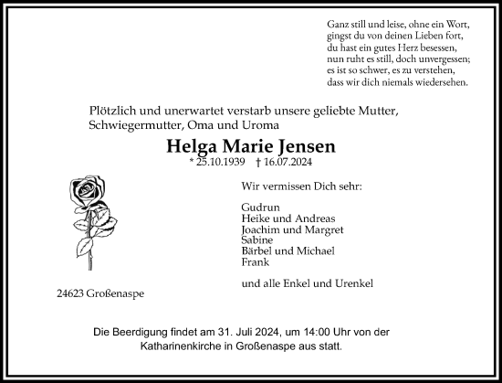 Traueranzeige von Helga Marie Jensen von Holsteinischer Courier