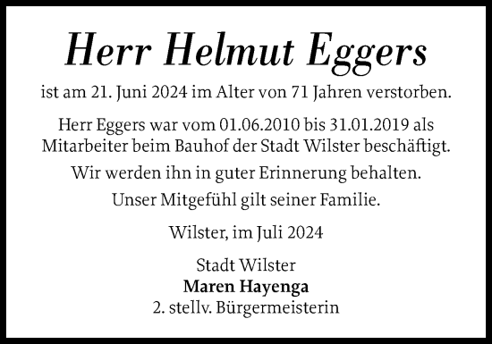 Traueranzeige von Helmut Eggers von Norddeutsche Rundschau, Wilstersche Zeitung, Glückstädter Fortuna