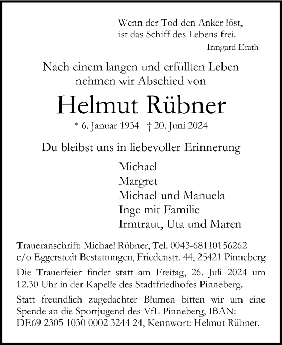 Traueranzeige von Helmut Rübner von Region Pinneberg und tip Pinneberg
