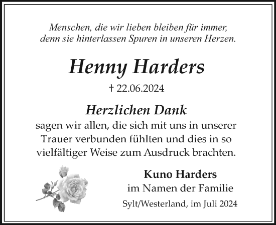 Traueranzeige von Henny Harders von Sylter Rundschau