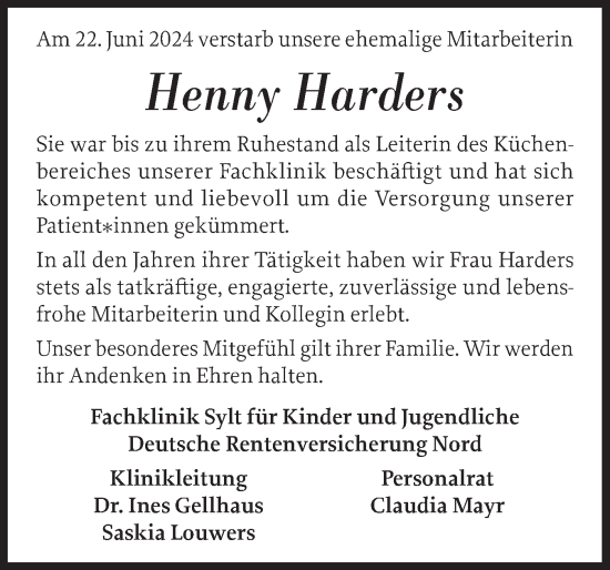 Traueranzeige von Henny Harders von Sylter Rundschau