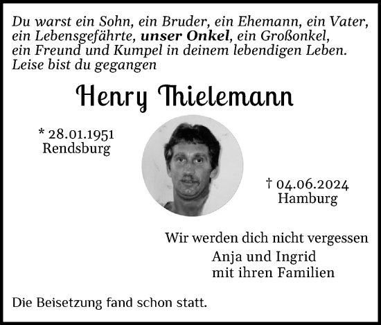 Traueranzeige von Henry Thielemann von Schleswig-Holsteinische Landeszeitung