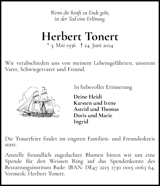 Traueranzeige von Herbert Tonert von Wedel-Schulauer Tageblatt, tip Wedel-Schulauer Tageblatt, tip Rissener Rundschau