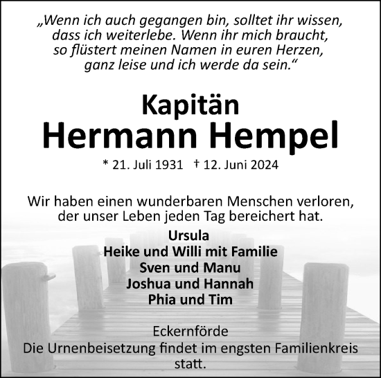 Traueranzeige von Hermann Hempel von Eckernförder Zeitung, Hallo Eckernförde