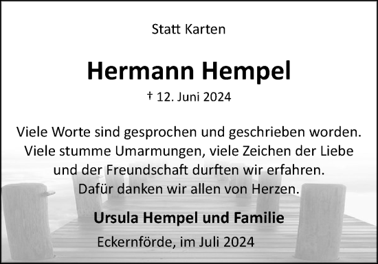 Traueranzeige von Hermann Hempel von Eckernförder Zeitung, Hallo Eckernförde