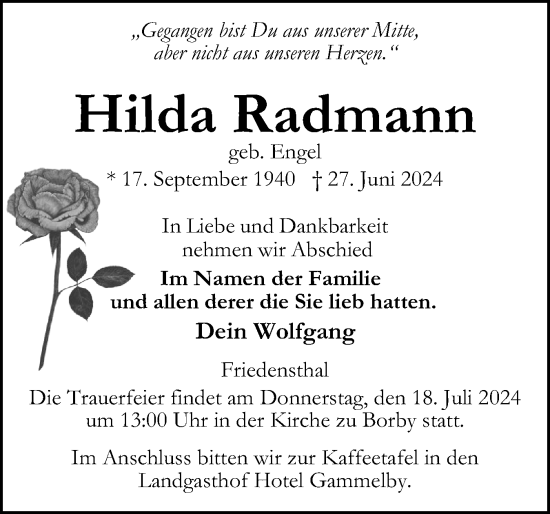 Traueranzeige von Hilda Radmann von Eckernförder Zeitung, Hallo Eckernförde