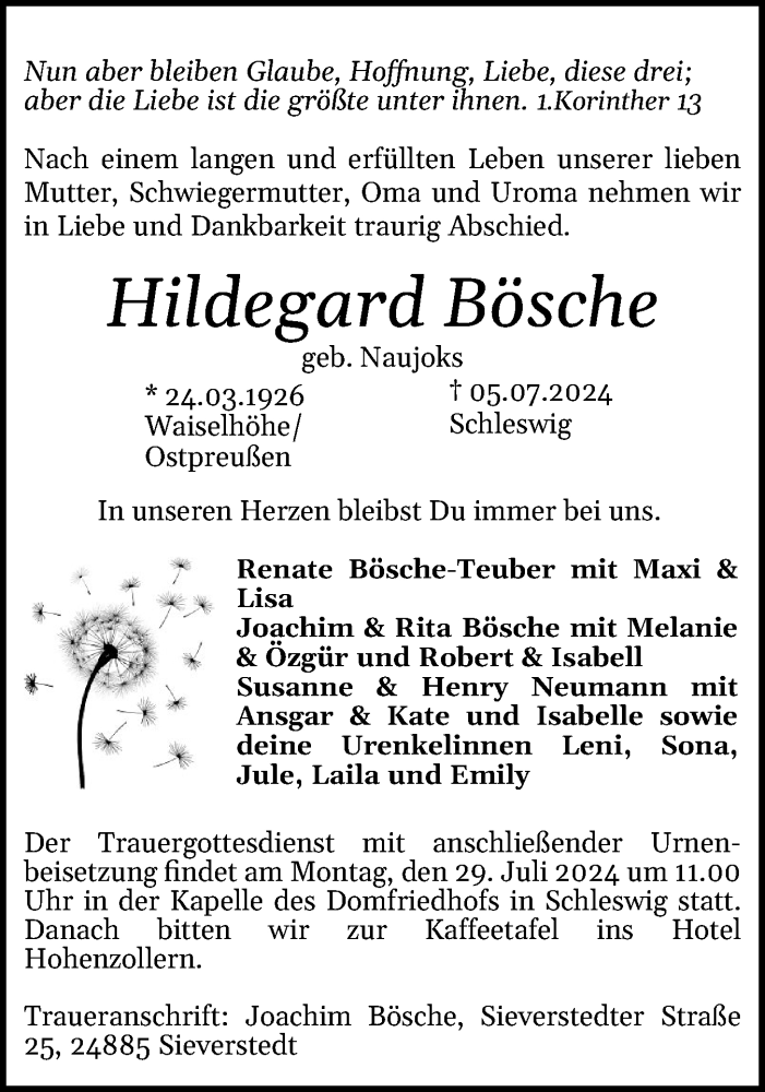  Traueranzeige für Hildegard Bösche vom 13.07.2024 aus Schleswiger Nachrichten, Schlei-Bote