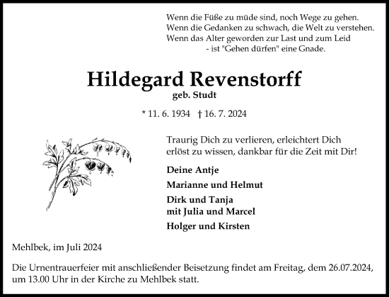 Traueranzeige von Hildegard Revenstorff von Norddeutsche Rundschau, Wilstersche Zeitung, Glückstädter Fortuna