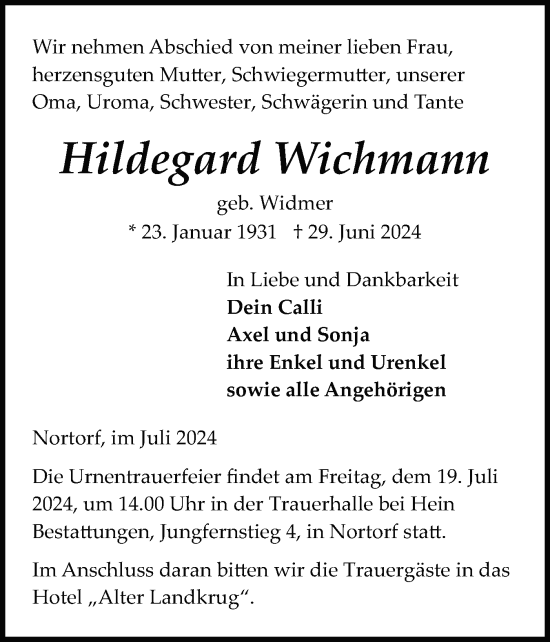 Traueranzeige von Hildegard Wichmann von Schleswig-Holsteinische Landeszeitung