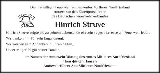 Traueranzeige von Hinrich  Struve von Husumer Nachrichten, Nordfriesland Tageblatt