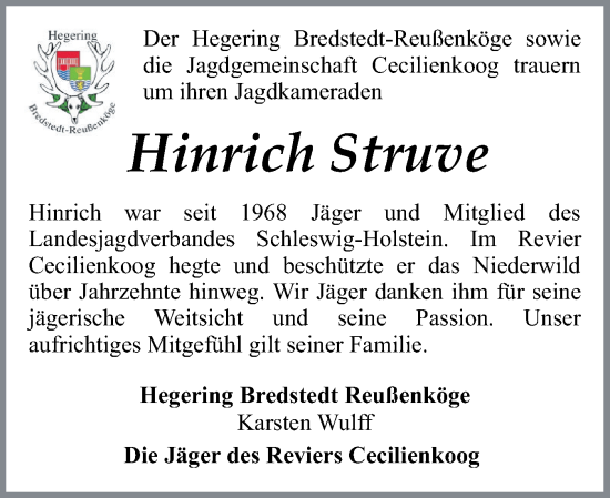 Traueranzeige von Hinrich Struve von Husumer Nachrichten, Nordfriesland Tageblatt
