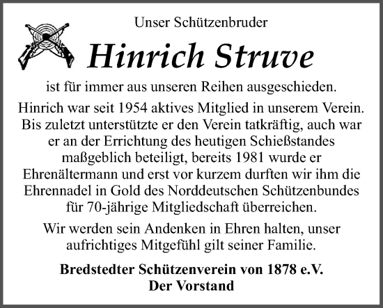 Traueranzeige von Hinrich  Struve von Husumer Nachrichten, Nordfriesland Tageblatt