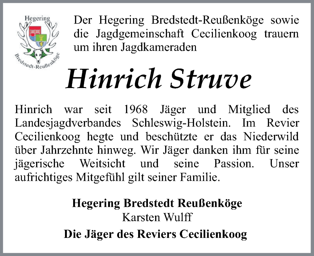  Traueranzeige für Hinrich  Struve vom 23.07.2024 aus Husumer Nachrichten, Nordfriesland Tageblatt