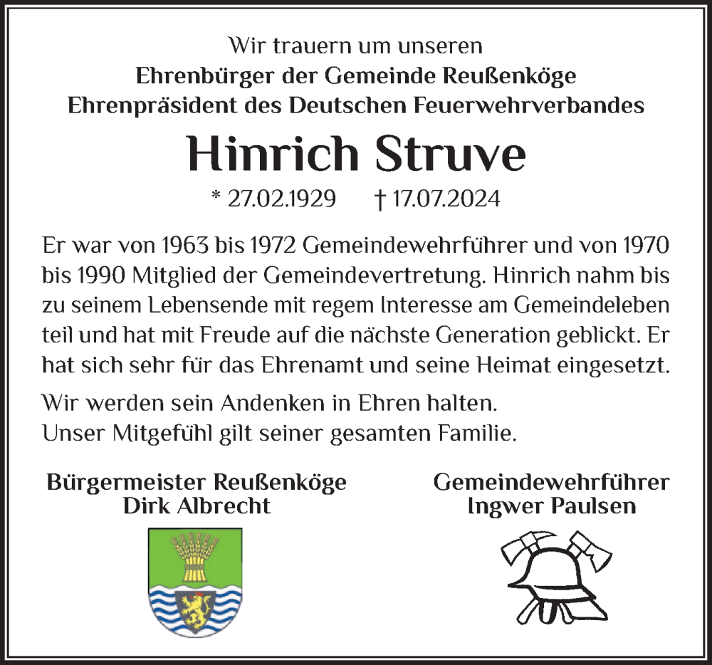  Traueranzeige für Hinrich  Struve vom 24.07.2024 aus Husumer Nachrichten, Nordfriesland Tageblatt