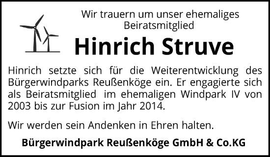 Traueranzeige von Hinrich  Struve von Husumer Nachrichten, Nordfriesland Tageblatt