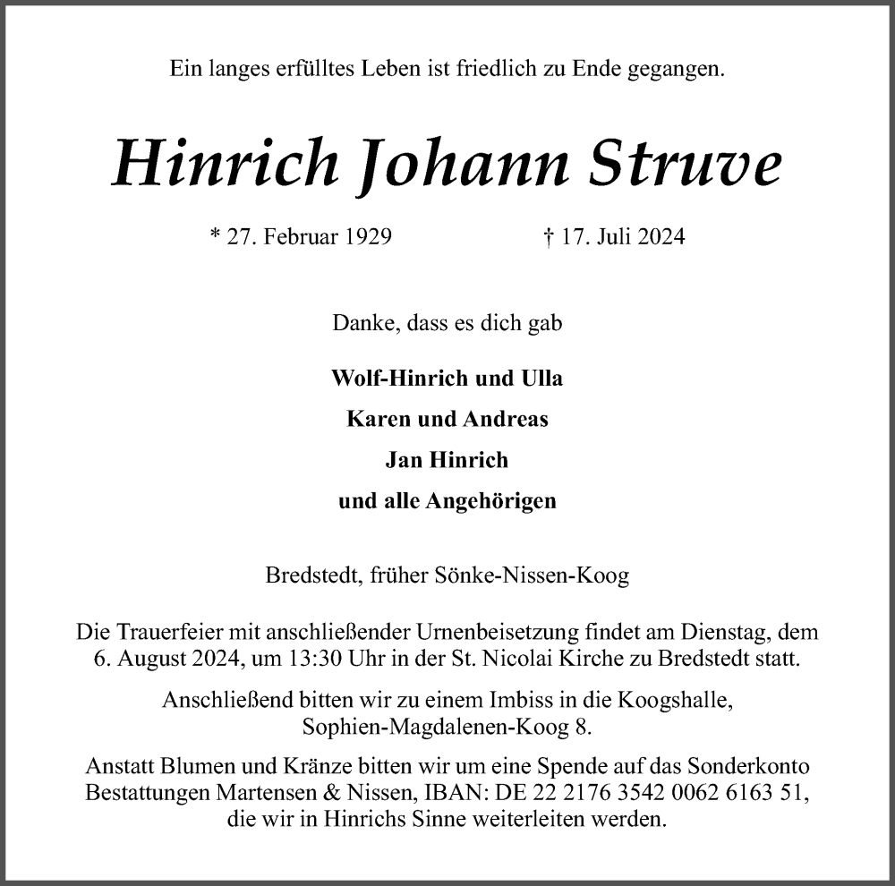  Traueranzeige für Hinrich  Struve vom 23.07.2024 aus Region Westküste