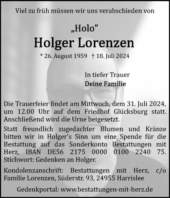 Traueranzeige von Holger Lorenzen von Flensburger Tageblatt