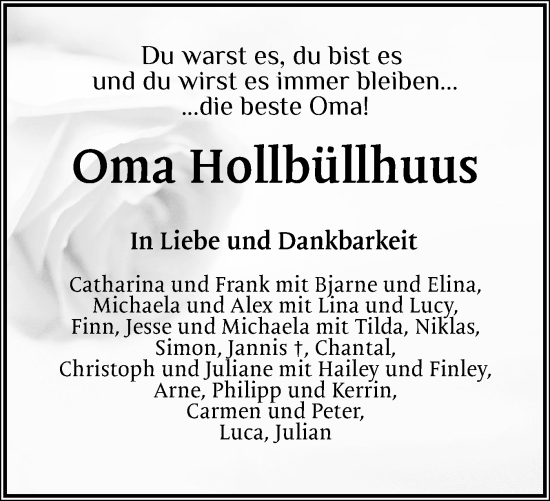 Traueranzeige von Hollbüllhuus  von Husumer Nachrichten, Nordfriesland Tageblatt
