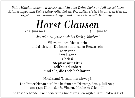 Traueranzeige von Horst Clausen von Husumer Nachrichten, Nordfriesland Tageblatt