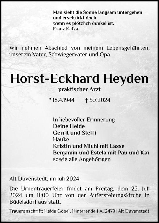 Traueranzeige von Horst-Eckhard Heyden von Schleswig-Holsteinische Landeszeitung