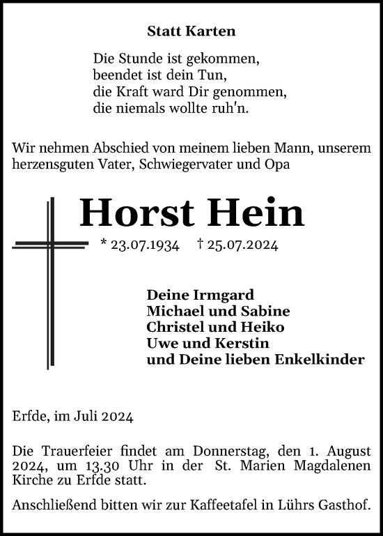 Traueranzeige von Horst Hein von Schleswig-Holsteinische Landeszeitung