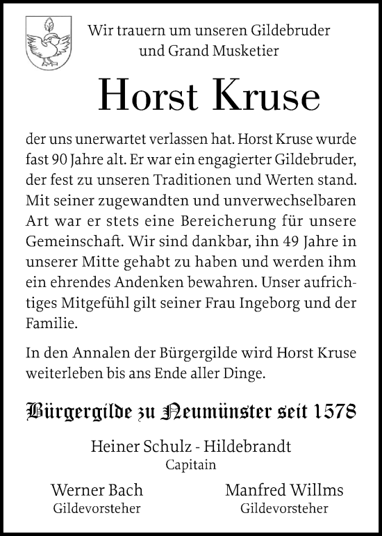 Traueranzeige von Horst Kruse von Holsteinischer Courier