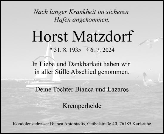 Traueranzeige von Horst Matzdorf von Norddeutsche Rundschau, Wilstersche Zeitung, Glückstädter Fortuna