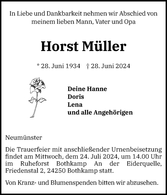 Traueranzeige von Horst Müller von Holsteinischer Courier