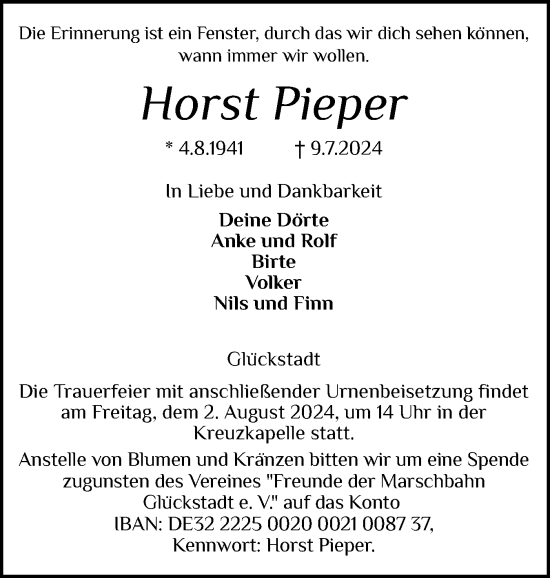 Traueranzeige von Horst Pieper von Norddeutsche Rundschau, Wilstersche Zeitung, Glückstädter Fortuna