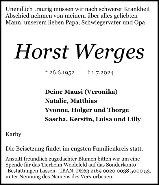 Traueranzeige von Horst Werges von Flensburger Tageblatt, Schleswiger Nachrichten, Schlei-Bote