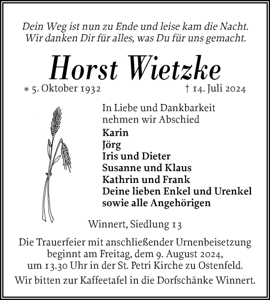 Traueranzeige von Horst Wietzke von Husumer Nachrichten, Nordfriesland Tageblatt