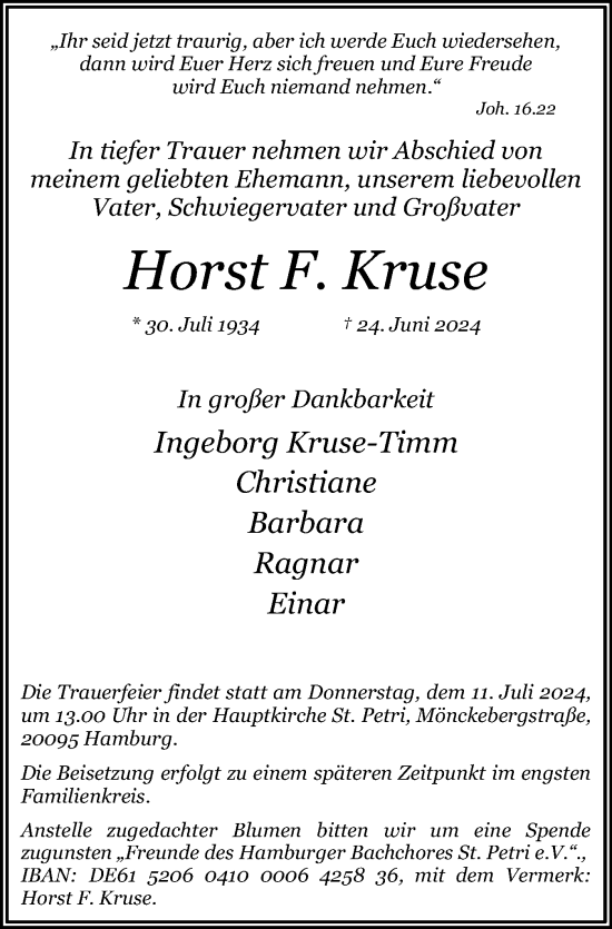 Traueranzeige von Horst F. Kruse von Holsteinischer Courier