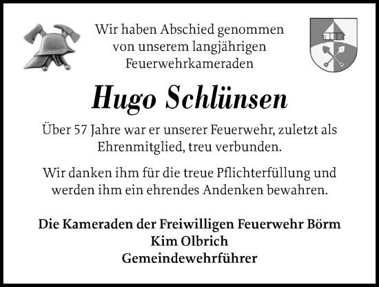 Traueranzeige von Hugo Schlünsen von Schleswiger Nachrichten, Schlei-Bote