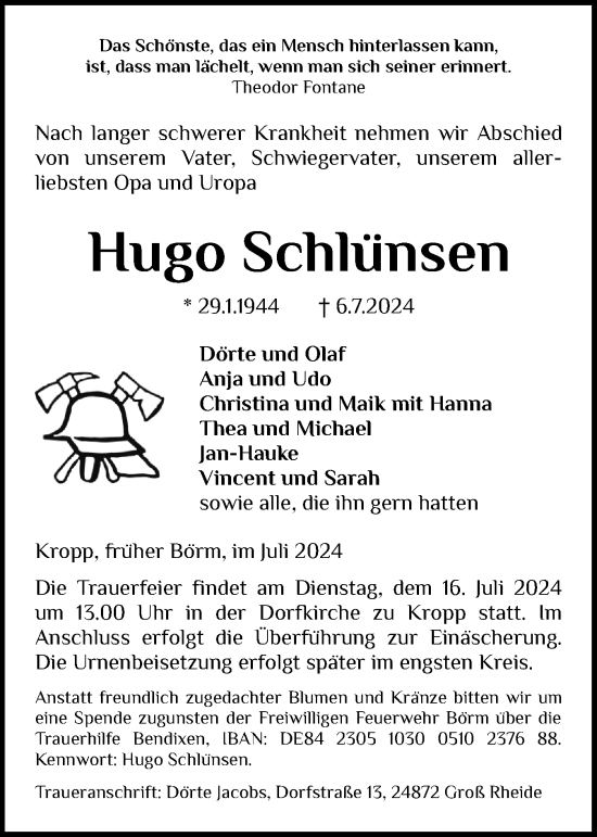 Traueranzeige von Hugo Schlünsen von Schleswig-Holsteinische Landeszeitung