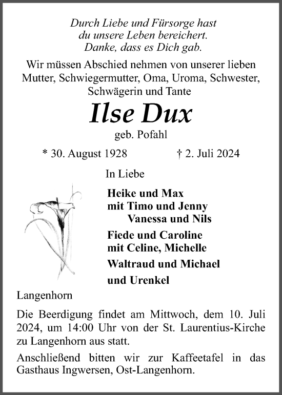 Traueranzeige von Ilse Dux von Husumer Nachrichten, Nordfriesland Tageblatt