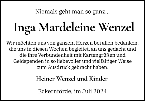 Traueranzeige von Inga Mardeleine Wenzel von Eckernförder Zeitung, Hallo Eckernförde