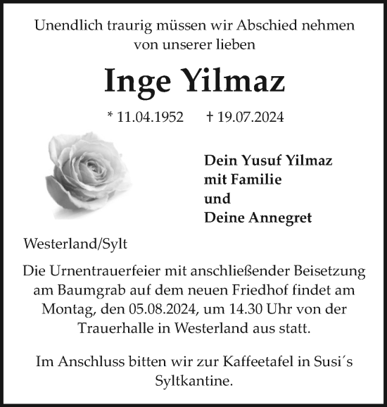 Traueranzeige von Inge Yilmaz von Sylter Rundschau