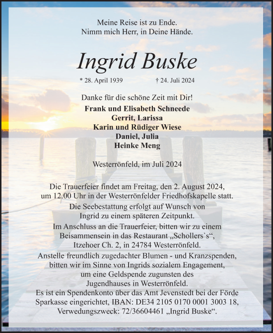 Traueranzeige von Ingrid Buske von Schleswig-Holsteinische Landeszeitung